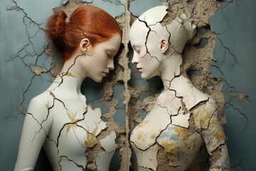 Poster - Two women in white and red hair are standing in a cracked wall, AI