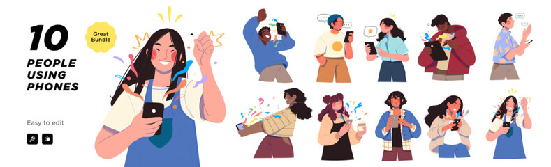 Young People use Smartphones, Chatting, making Selfie and listening Music. Happy Boys and Girls talking and typing on Phone. Female and Male Characters collection. Flat Cartoon Vector Illustration.