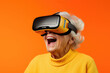 An elderly woman is full of emotions in VR glasses