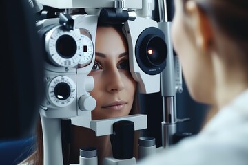 Wall Mural - A woman checks her vision at an ophthalmologist.