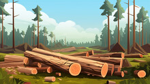 Deforestation forest and Illegal logging. Cutting trees. stacks of cut wood. Generative Ai
