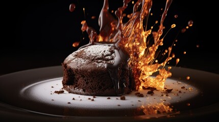 Poster -  a piece of chocolate cake on a plate with fire coming out of it.  generative ai