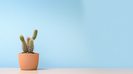 Wall Mural -  a cactus in a pot on a table against a blue wall.  generative ai