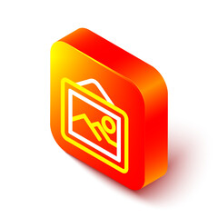 Poster - Isometric line Picture landscape icon isolated on white background. Orange square button. Vector