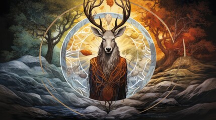 Poster -  a painting of a deer with a circle around it's neck.  generative ai