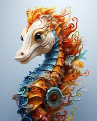 Wall Mural -  a colorful sea horse statue on a blue background with swirls.  generative ai