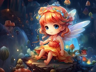 Wall Mural -  a little fairy sitting on top of a rock in a forest.  generative ai