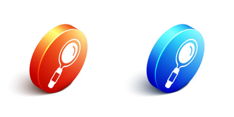 Poster - Isometric Magnifying glass icon isolated on white background. Search, focus, zoom, business symbol. Orange and blue circle button. Vector