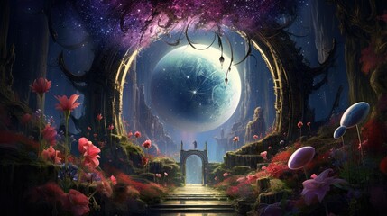 Wall Mural - a painting of a fantasy scene with a doorway leading to a portal. generative ai