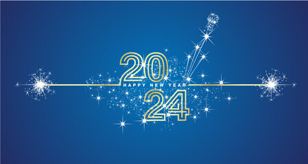 Sticker - Happy New Year 2024 eve golden triple line design loading sparkle firework champagne open white blue vector wallpaper greeting card