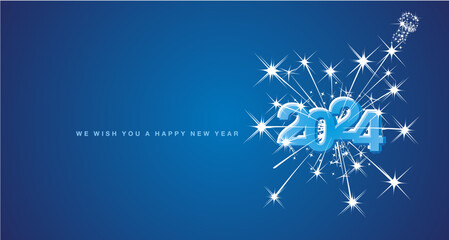 Wall Mural - Happy New Year 2024 eve modern design with light big explosion of double stars and champagne sparkle firework. Reflection shape from White to blue for 2024. New Year 2024 on blue greeting card