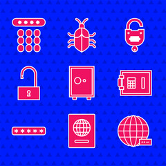 Poster - Set Safe, Passport, Social network, Password protection, Open padlock, Lock and key and icon. Vector