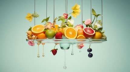 Sticker -  a bunch of fruit hanging from strings with flowers on them.  generative ai