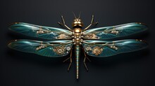 A Blue And Gold Dragonfly With Gears On It's Wings.  Generative Ai