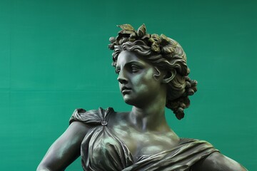 Wall Mural - A graceful woman statue adorned in a flowing dress on a rich green canvas. Created with generative AI tools