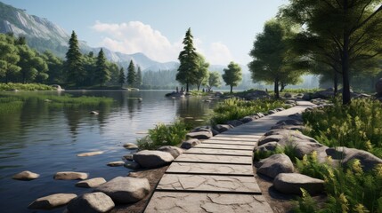 Poster -  a path leading to a lake surrounded by rocks and trees.  generative ai