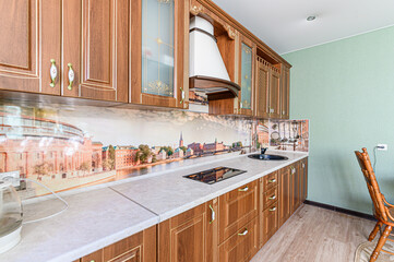 interior apartment kitchen and dining room, refectory area, cooking equipment, table furniture, stove