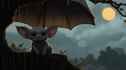 Sticker -  a little bat sitting on a tree branch under a umbrella.  generative ai