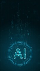 Poster - Motion graphic of Blue digital AI letter and circle futuristic HUD elements with flowing arrows with machine learning technology and ai assistance concepts on abstract background vertical video