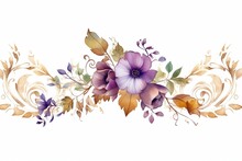 Watercolor Border With Green And Gold Leaves, Purple Flowers, And Branches On A White Background. Generative AI