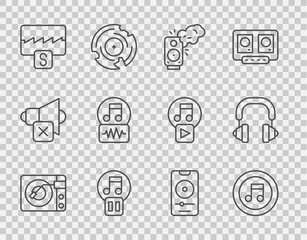 Poster - Set line Vinyl player with vinyl disk, Music note, tone, Stereo speaker, Pause button, wave equalizer, and Headphones icon. Vector