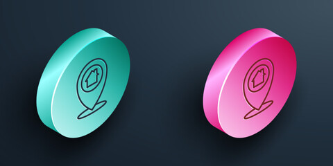 Poster - Isometric line Map pointer with house icon isolated on black background. Home location marker symbol. Turquoise and pink circle button. Vector