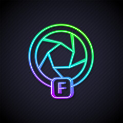 Poster - Glowing neon line Camera shutter icon isolated on black background. Vector