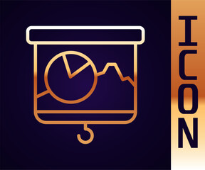 Poster - Gold line Presentation board with graph, schedule, chart, diagram, infographic, pie graph icon isolated on black background. Vector