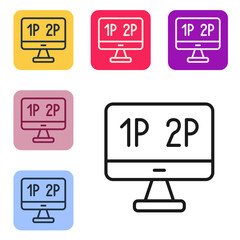 Poster - Black line Computer monitor screen icon isolated on white background. Electronic device. Front view. Set icons in color square buttons. Vector