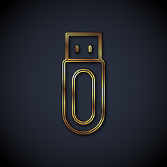 Poster - Gold line USB flash drive icon isolated on black background. Vector