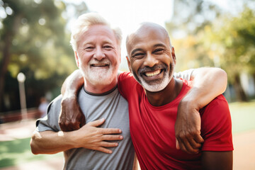 Wall Mural - Multiracial senior people having fun, hugging each other after sport workout at city park. Healthy lifestyle and joyful elderly lifestyle concept