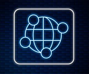 Poster - Glowing neon line Global technology or social network icon isolated on brick wall background. Vector