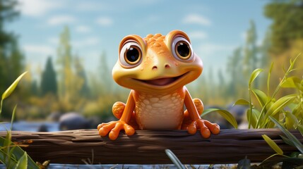 Cute frog sitting on wooden branch on the ground. Made with Generative AI.	