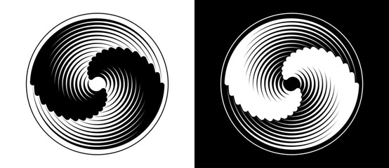 Abstract background with lines in circle. Art design spiral as logo or icon. A black figure on a white background and an equally white figure on the black side.