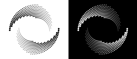 Poster - Modern abstract background. Halftone dots in circle form. Round logo. Vector dotted frame. Design element or icon. Black shape on a white background and the same white shape on the black side.
