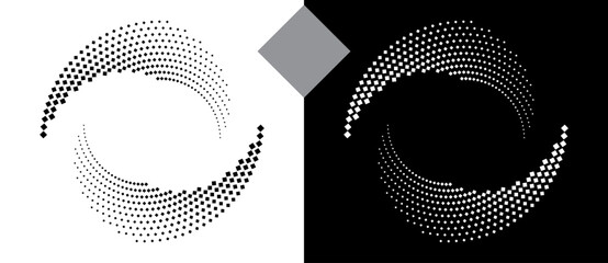 Spiral dotted background with rhombuses. Yin and yang style. Design element or icon. Black shape on a white background and the same white shape on the black side.