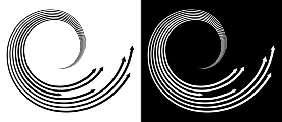 Fototapete - Dynamic lines with arrows. Design element or icon. Black shape on a white background and the same white shape on the black side.