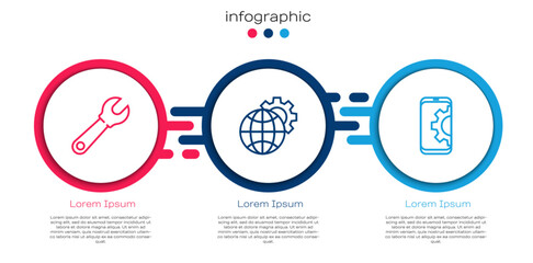 Poster - Set line Wrench spanner, Globe of the Earth and gear and Setting on smartphone. Business infographic template. Vector
