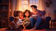 Family quality time in their living room. Father, kids, and dog pet are engaged in reading 3d rendering cartoon image