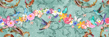 Watercolor Vintage Old Fashion Banner With Swirl Curl Ornament And Floral Border With Hummingbirds Against Shabby Chic Background