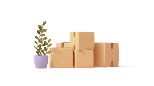 Minimal simple beige cardboard boxes with brown tape, green plant in blue pot. Stacked pile of boxes of sealed goods, personal stuff, home supplies for relocation. 3d render isolated transparent.