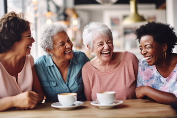 Wall Mural - Happy smiling middle aged female friends sitting in a café laughing and giving support each other. They are celebrate a long friendship