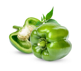 Fresh green sweet pepper with leaves isolated on transparent background (.PNG)