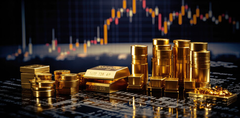 Wall Mural - gold bars and graphs with stock exchange