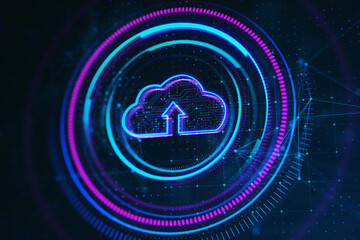 Poster - Creative round cloud computing hologram on dark background. Server concept. 3D Rendering.