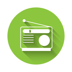 Poster - White Radio with antenna icon isolated with long shadow background. Green circle button. Vector