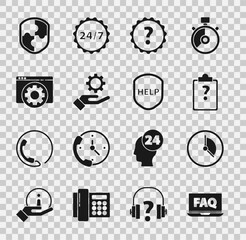 Poster - Set Laptop and FAQ, Time Management, Clipboard with question marks, Question, Settings in the hand, Browser setting, Shield and text Help icon. Vector