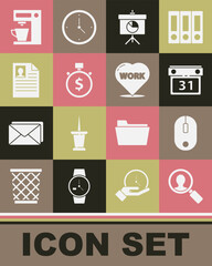 Canvas Print - Set Magnifying glass for search people, Computer mouse, Calendar, Chalkboard with diagram, Time is money, Resume, Coffee machine and Heart text work icon. Vector