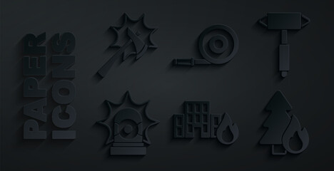 Poster - Set Fire in burning buildings, Firefighter axe, Flasher siren, Burning forest tree, hose reel and icon. Vector