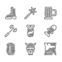 Wall Mural - Set Quiver with arrows, Skull viking helmet, Folded map, Fish, Magic rune, Medieval poleaxe, Wooden beer mug and Ancient boots icon. Vector